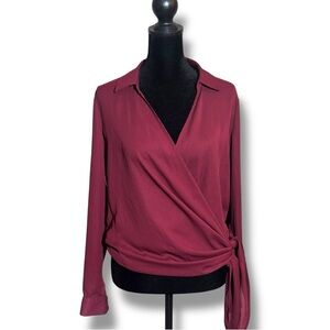 Venus Sheer Collared Deep V-Neck Long Sleeve Burgundy Lightweight Wrap Blouse